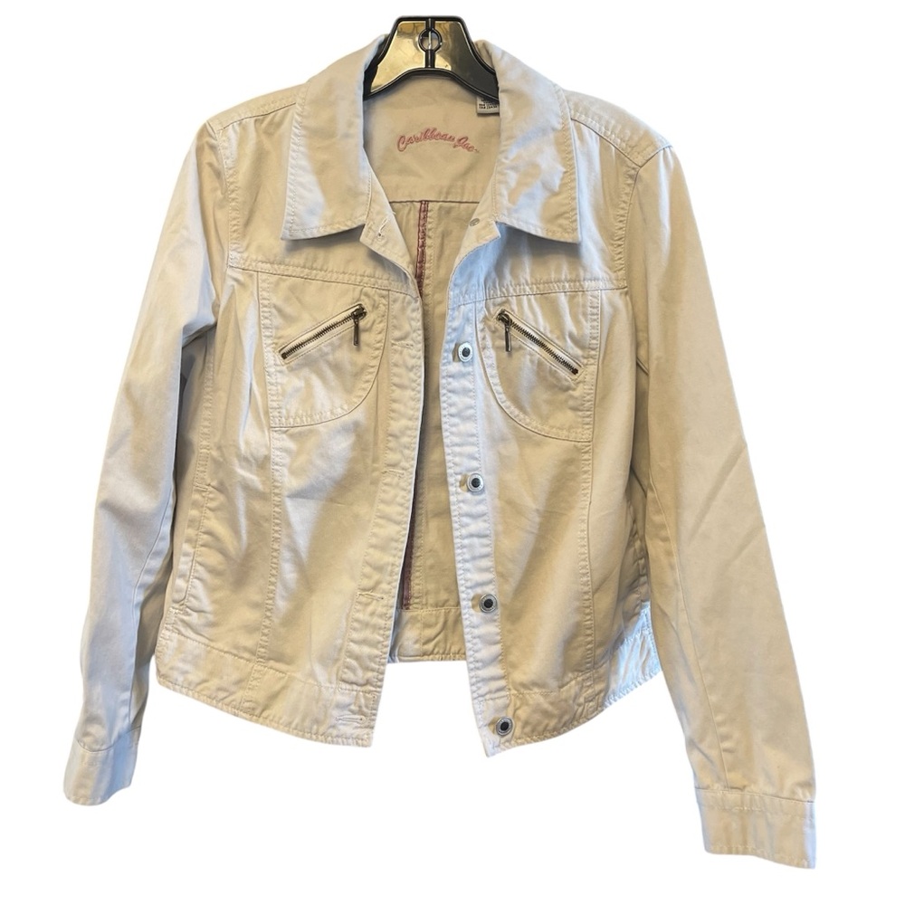 Caribbean Joe button up khaki/tan jacket 100% cotton Size M